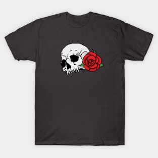 Skull and red rose pixel art halloween T-Shirt